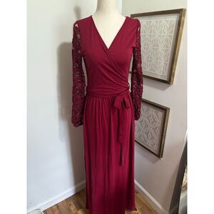 Zattcas Red Lace Long Sleeve Wrap Dress Midi Fit Flare XS Romantic Burgundy